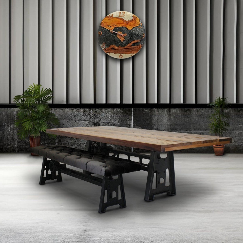 Industrial Dining Bench Seat Adjustable Iron Base Gray Velvet