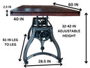 Industrial Dining Table - Adjustable Crank Base - Casters - Rustic Mahogany - Knox Deco - Tables