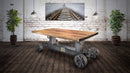 Industrial Trolley Dining Table - Iron Wheels Adjustable Crank - Natural Rustic - Knox Deco - Tables