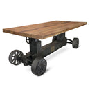 Industrial Trolley Dining Table - Iron Wheels Adjustable Crank - Natural Rustic - Knox Deco - Tables