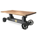 Industrial Trolley Dining Table - Iron Wheels Adjustable Crank - Natural Rustic - Knox Deco - Tables