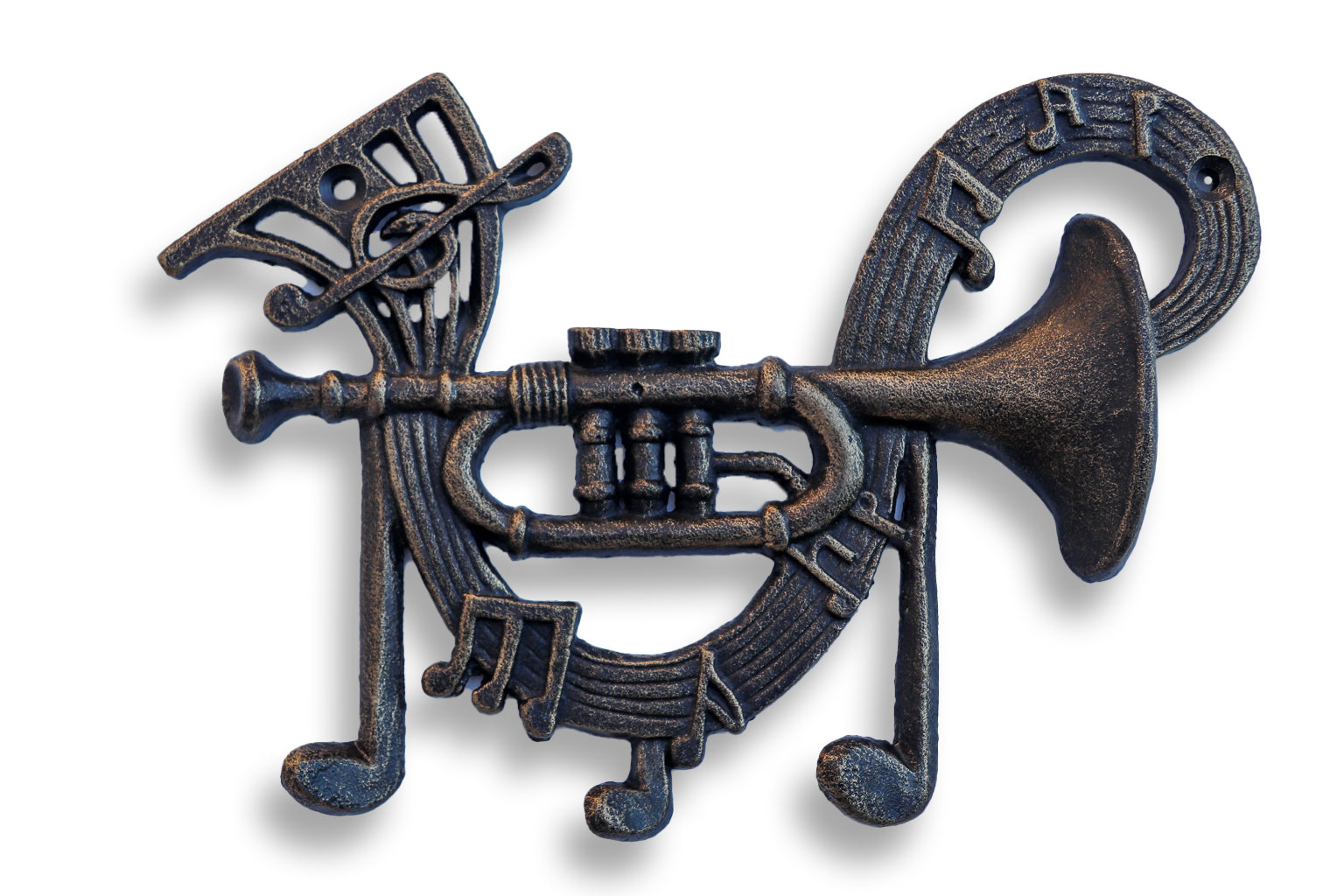 Rustic Deco Jazz Trumpet Playing Musical Notes Wall Hanger - Cast Iron Metal Hooks