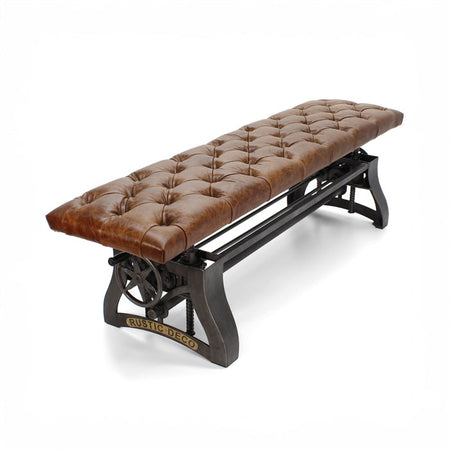 Rustic Deco adjustable height bench with tufted brown leather seat