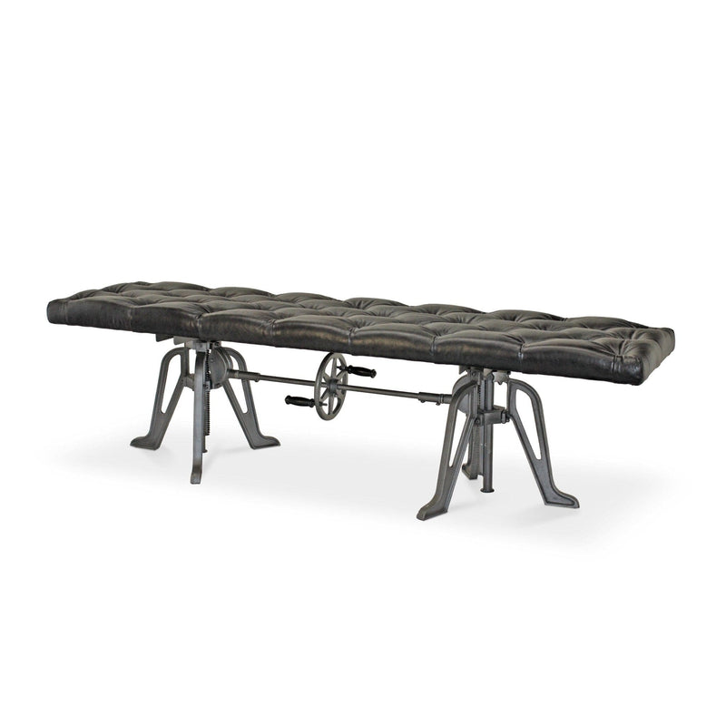Adjustable Industrial Dining Bench - Cast Iron - Black Tufted Leather - 70" - Rustic Deco Incorporated