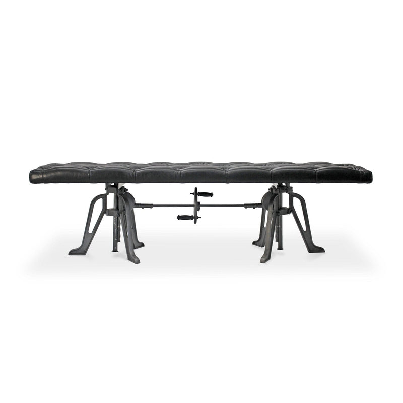 Adjustable Industrial Dining Bench - Cast Iron - Black Tufted Leather - 70"