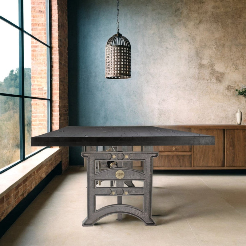 Harvester Industrial Dining Table - Iron Adjustable Base – 8 ft Ebony Rustic - Knox Deco - Tables