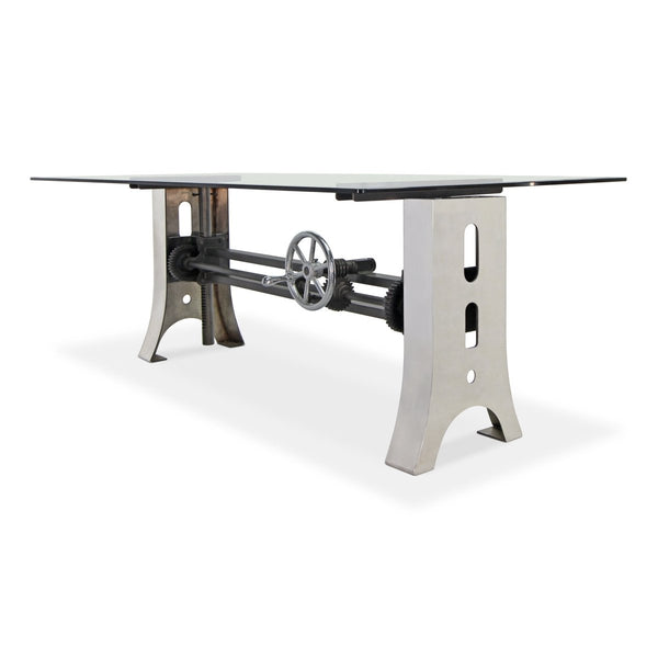 Industrial Dining Table Polished Stainless Steel Adjustable Height - Glass Top - Knox Deco - Tables