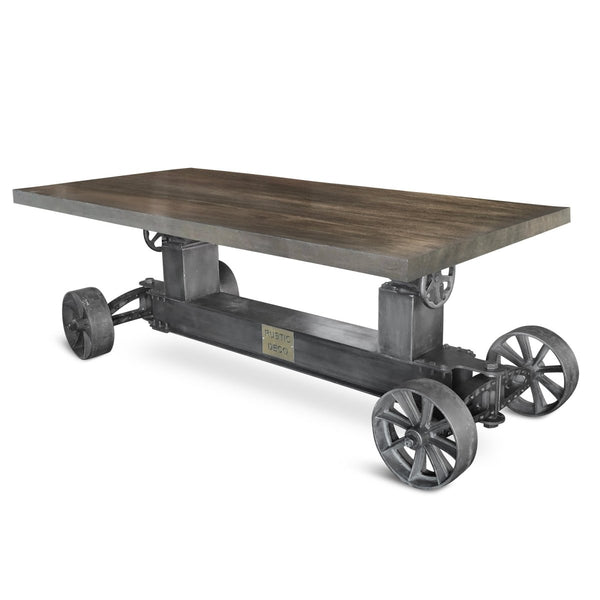 Industrial Trolley Dining Table - Iron Wheels - Adjustable Crank - Gray Top - Knox Deco - Tables