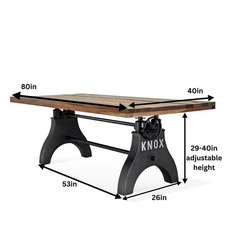 KNOX Adjustable Height Dining Table - Cast Iron Crank Base - Natural Rustic Dining Table Rustic Deco