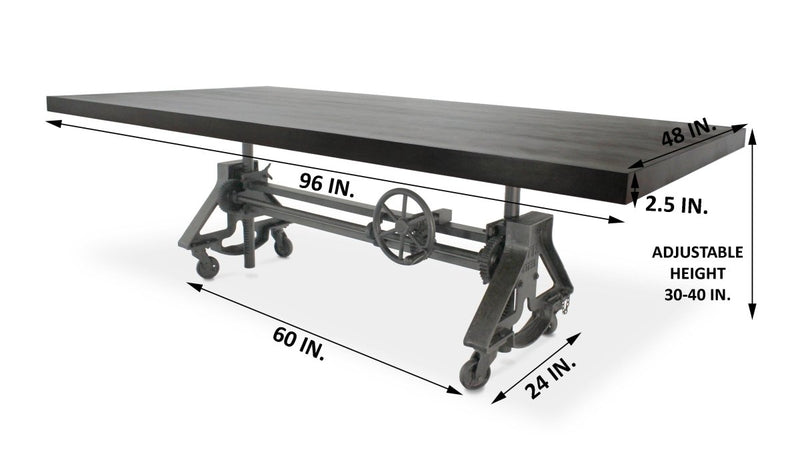 Otis Steel Dining Table - Adjustable Height Iron Base - Casters - 8ft Ebony Top - Knox Deco - Tables