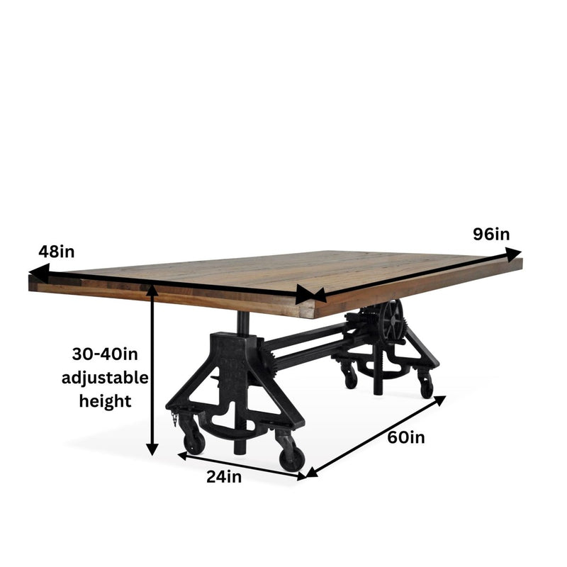 Otis Steel Dining Table - Adjustable Height Iron Base - Casters - 8ft Natural Rustic Top - Knox Deco - Tables