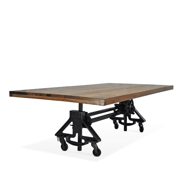 Otis Steel Dining Table - Adjustable Height Iron Base - Casters - 8ft Natural Rustic Top - Knox Deco - Tables