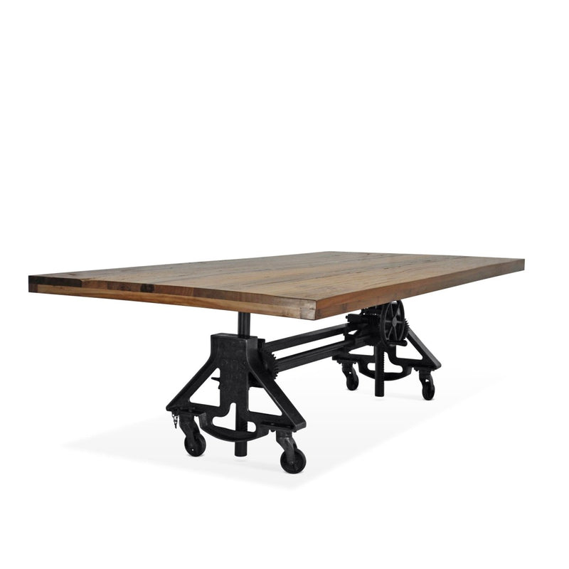 Otis Steel Dining Table - Adjustable Height Iron Base - Casters - 8ft Natural Rustic Top - Knox Deco - Tables