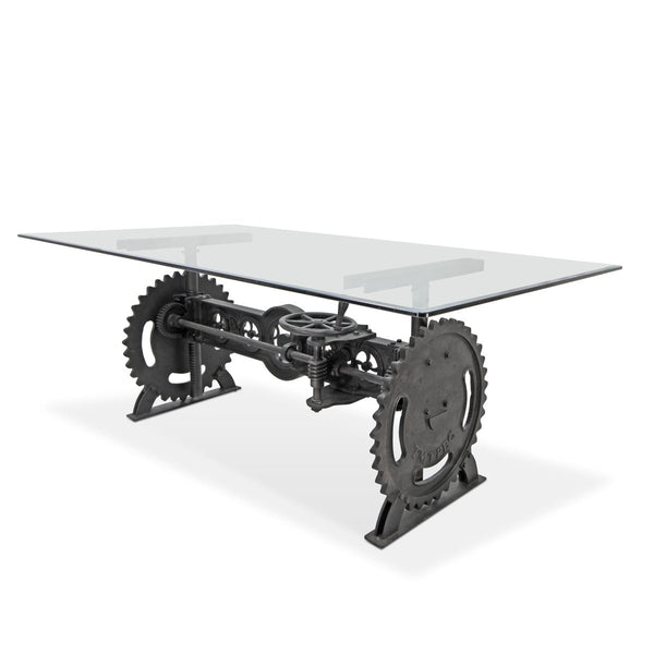 Steampunk Adjustable Dining Table - Iron Crank Base - Glass Tabletop - Knox Deco - Tables