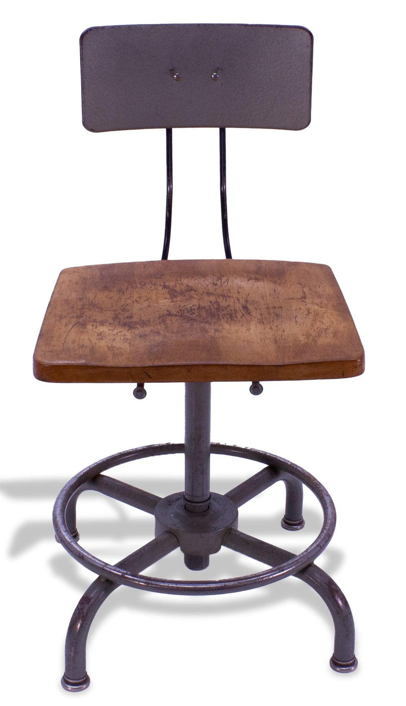 Vintage Industrial American Ajustrite Stool - Wood Seat - Steel 