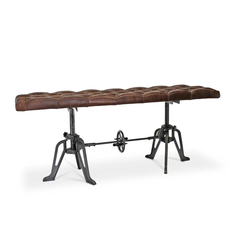 Adjustable Industrial Dining Bench - Cast Iron - Brown Tufted Leather - 70" - Knox Deco - Seating