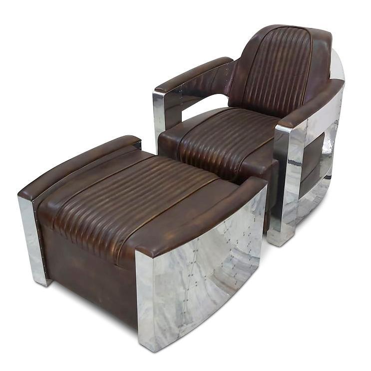 Aviator Chair and Ottoman - Genuine Leather - Polished Aluminum Armchair - Knox Deco - Seating