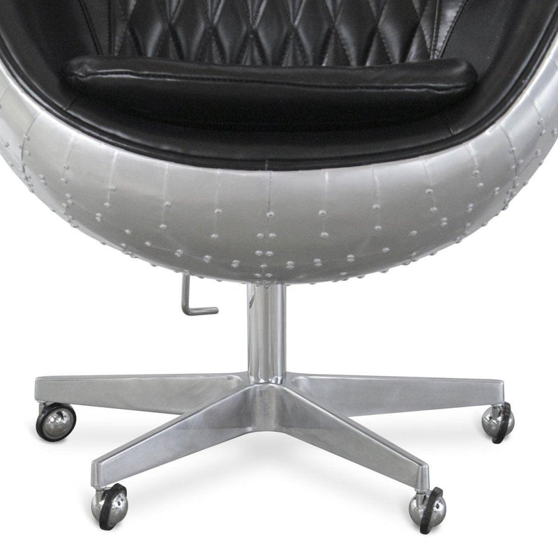 Aviator Egg Office Chair - Aluminum - Black Leather - Swivel - Casters - Knox Deco - Seating