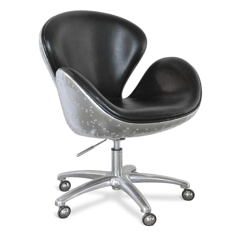 Aviator Office Swan Chair - Casters - Genuine Black Leather - Aluminum - Knox Deco - Seating
