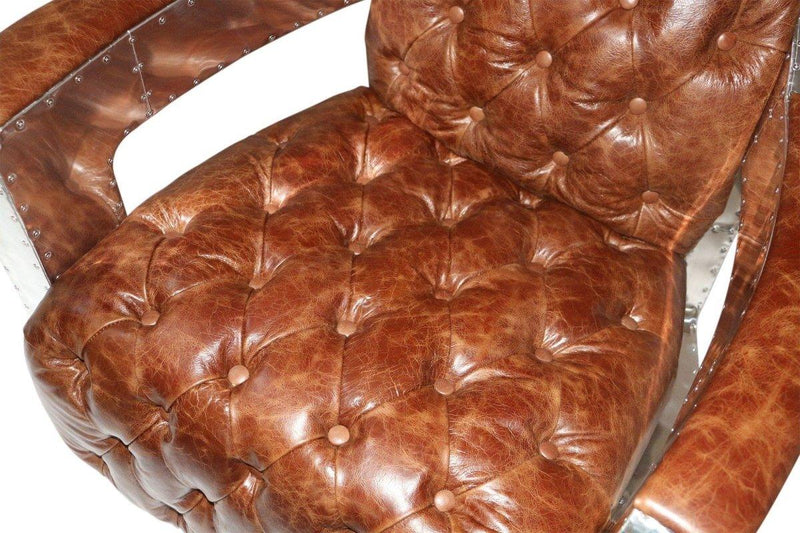 Aviator Spitfire Club Chair - Tufted Brown Genuine Leather - Aluminum - Knox Deco - Seating