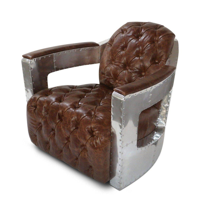 Aviator Spitfire Club Chair - Tufted Brown Genuine Leather - Aluminum - Knox Deco - Seating