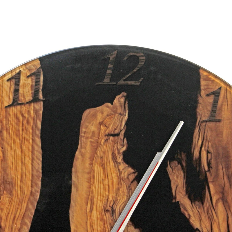 Black Frosted Resin Epoxy Wall Clock Live Edge Olive Wood - 20 Inches - Knox Deco - Wall Clock