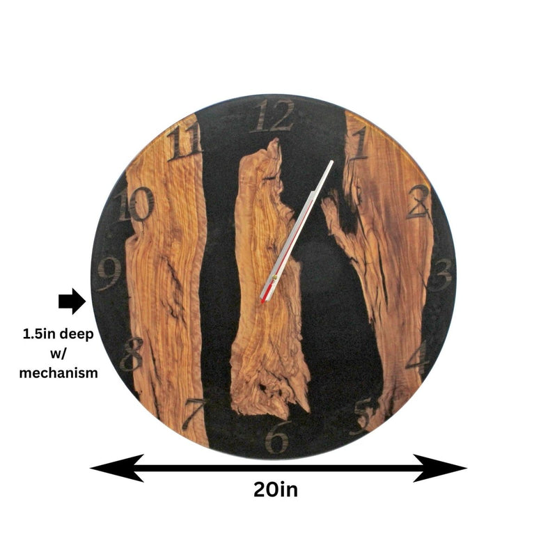 Black Frosted Resin Epoxy Wall Clock Live Edge Olive Wood - 20 Inches - Knox Deco - Wall Clock