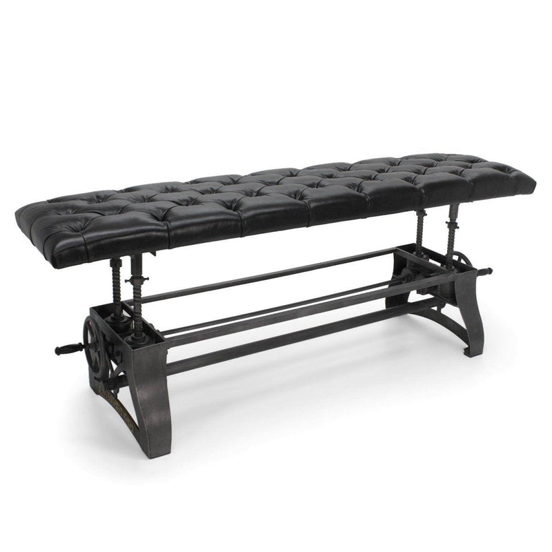Crescent Industrial Dining Bench - Adjustable Iron Base - Black Leather Seat - Knox Deco - Seating