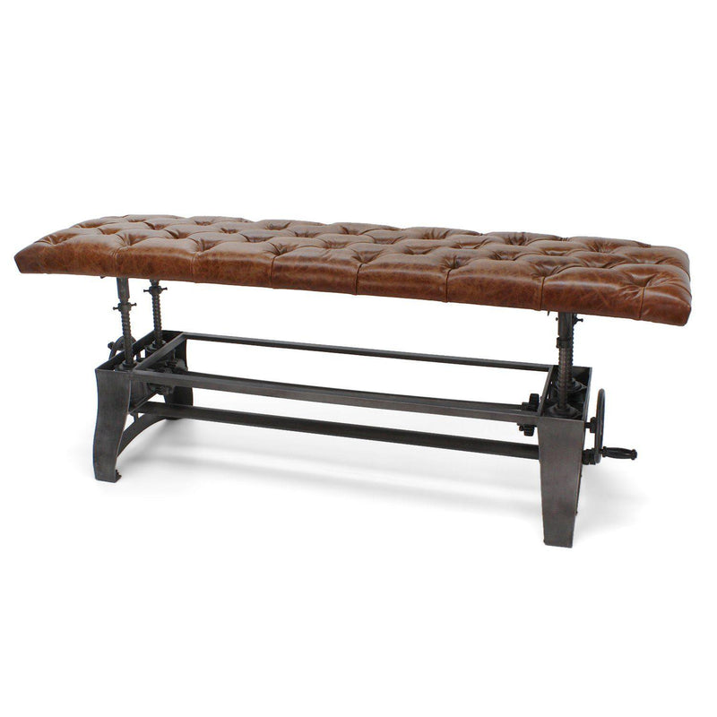 Crescent Industrial Dining Bench - Adjustable Iron Base - Brown Leather Seat - Knox Deco - Seating
