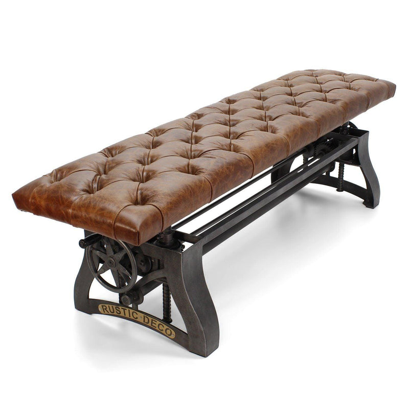 Crescent Industrial Dining Bench - Adjustable Iron Base - Brown Leather Seat - Knox Deco - Seating
