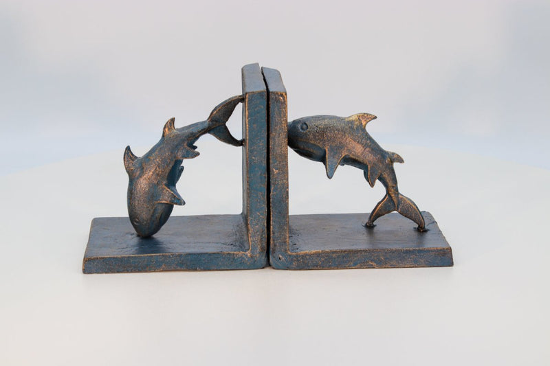 Dolphin Bookends - Sea Blue over Brass - Metal - Cast Iron - Pair - Knox Deco - Bookends
