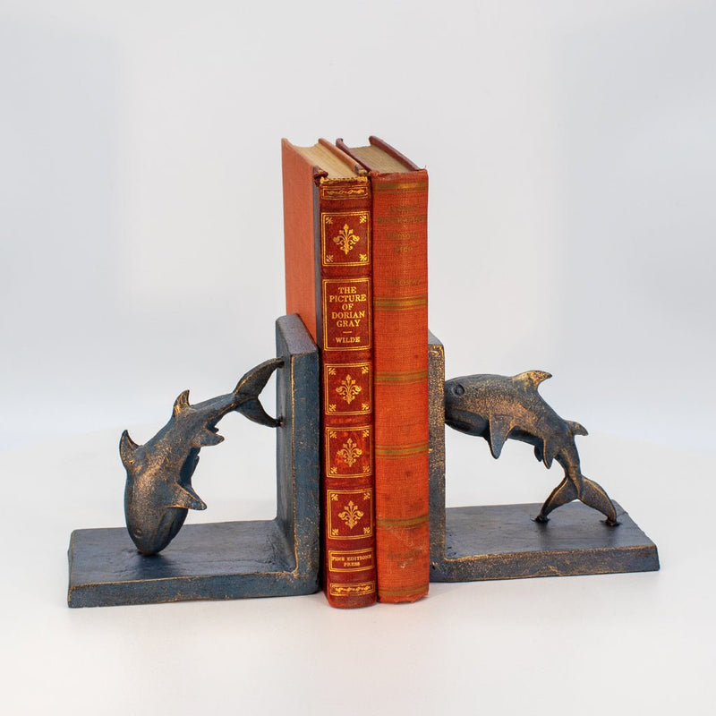 Dolphin Bookends - Sea Blue over Brass - Metal - Cast Iron - Pair - Knox Deco - Bookends