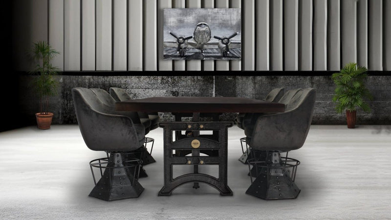 Harvester Industrial Dining Table - Cast Iron Adjustable Base - Ebony Top - Knox Deco - Tables
