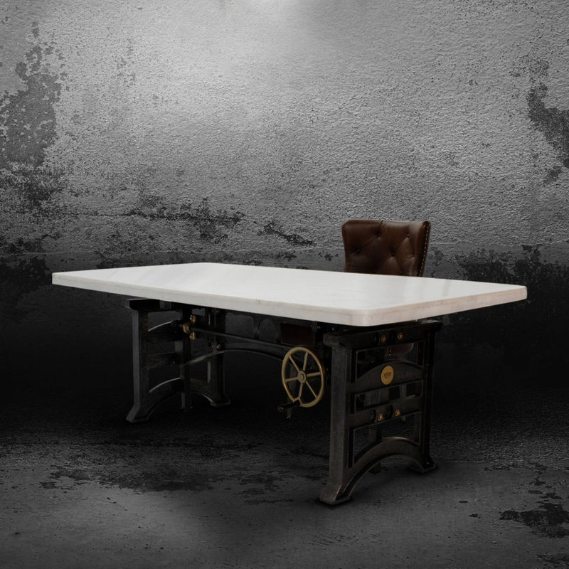 Harvester Industrial Executive Desk - Cast Iron Adjustable Base – Marble Top - Knox Deco - Desks