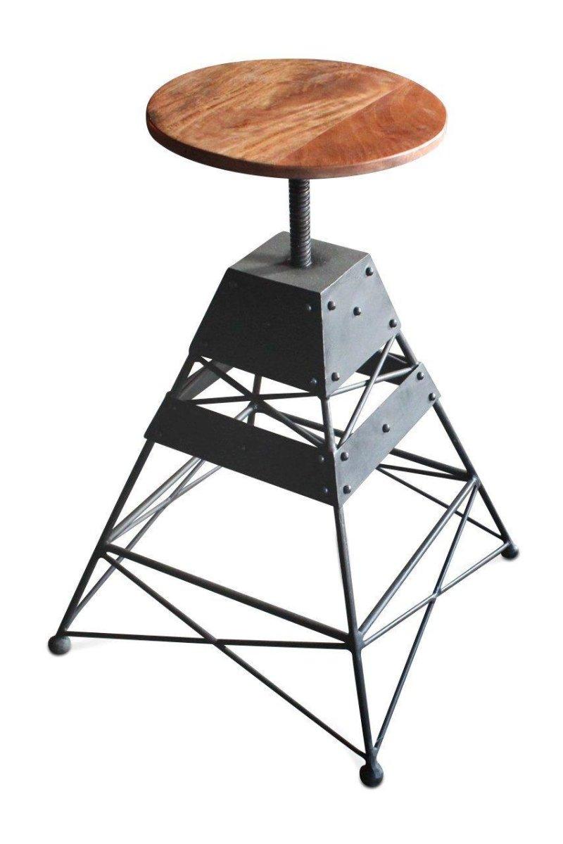 Industrial Adjustable Bar Stool - Metal Truss Base - Round Wooden Seat - Knox Deco - Seating