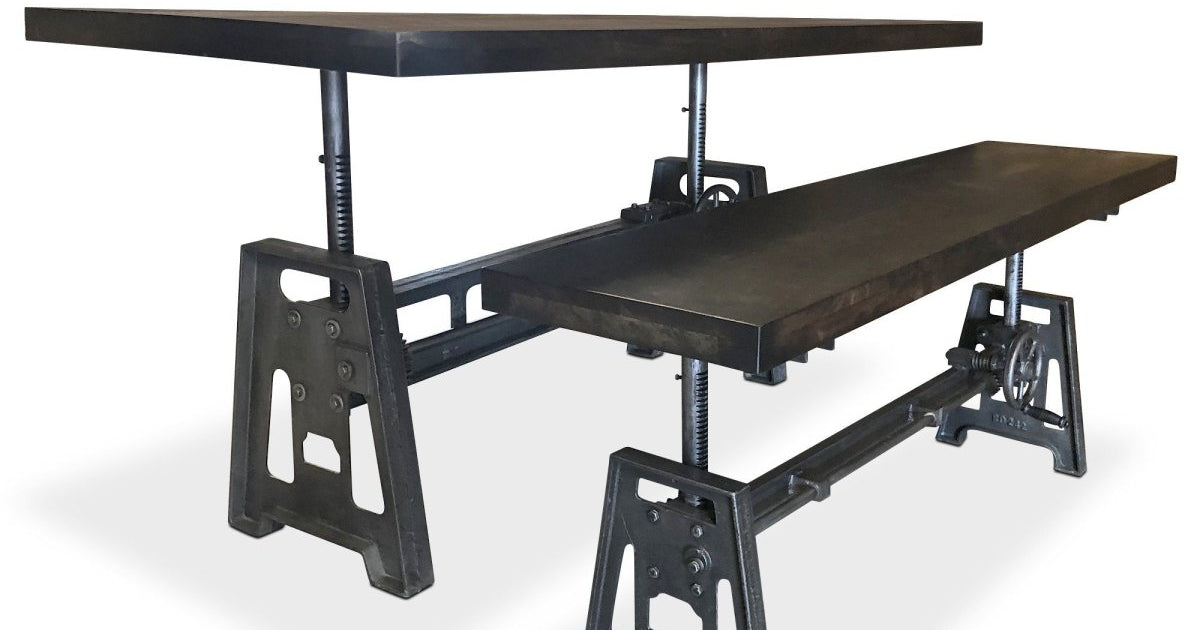 Industrial Adjustable Height Dining Table Set – Matching Bench - Ebony ...