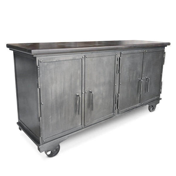 Industrial Bar Cart - Metal Console Cabinet - Solid Wood Top - Iron Casters - Knox Deco - Storage