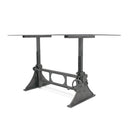 Industrial Desk - Adjustable Height Crank - Cast Iron Base - Glass Top - Knox Deco - Desks