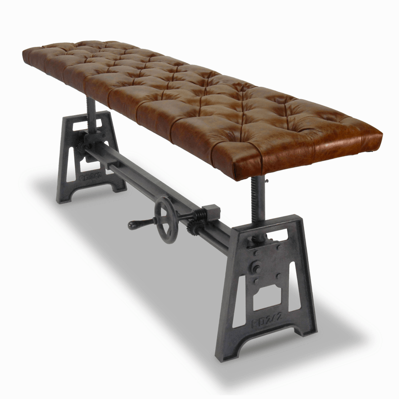 Industrial Dining Bench Seat - Cast Iron Base - Adjustable Brown Leather Top - Knox Deco - Seating