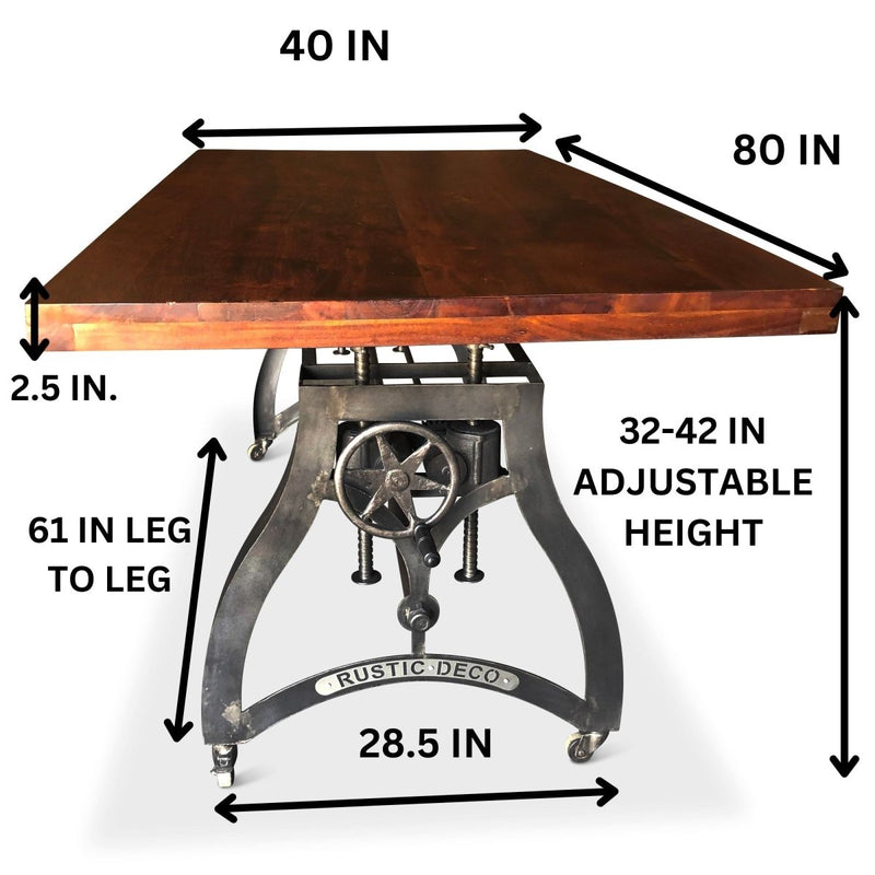 Industrial Dining Table - Adjustable Crank Iron Base - Casters - Mahogany - Knox Deco - Tables