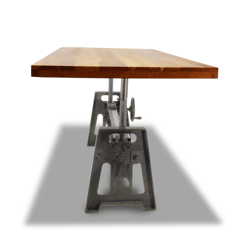 Industrial Dining Table - Cast Iron Base - Adjustable Height Crank - Natural Top - Knox Deco - Tables