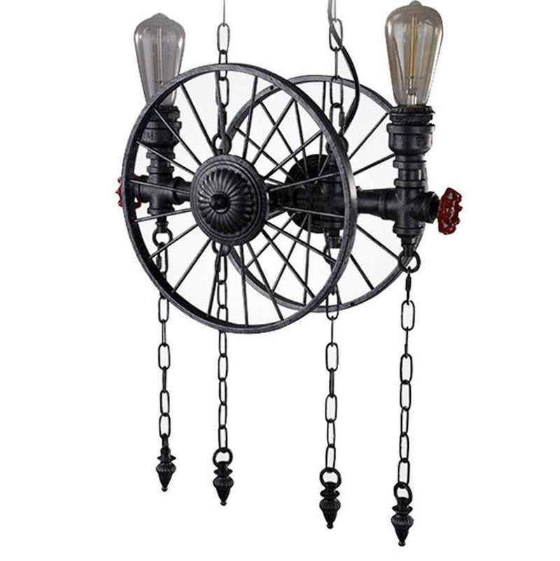 Industrial Pipe Valve Spoked Metal Wheel Pendant Light - Steampunk