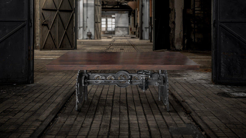 Steampunk Adjustable Dining Table - Iron Crank Base - Mahogany Top - Knox Deco - Tables