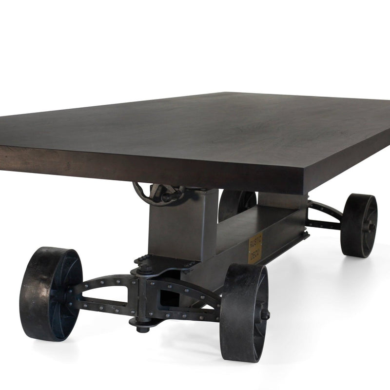 Industrial Trolley Adjustable Communal Dining Table - Iron Wheels - Ebony 120" - Knox Deco - Tables