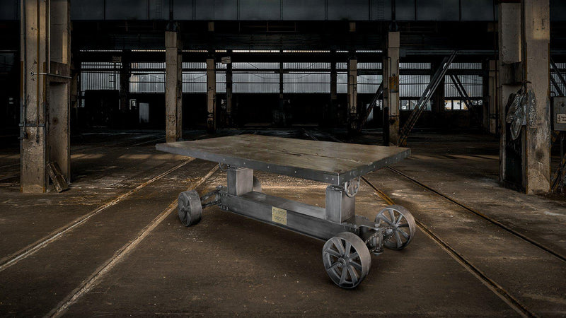 Industrial Trolley Dining Table - Iron Wheels Adjustable Crank - Ebony Rustic - Knox Deco - Tables