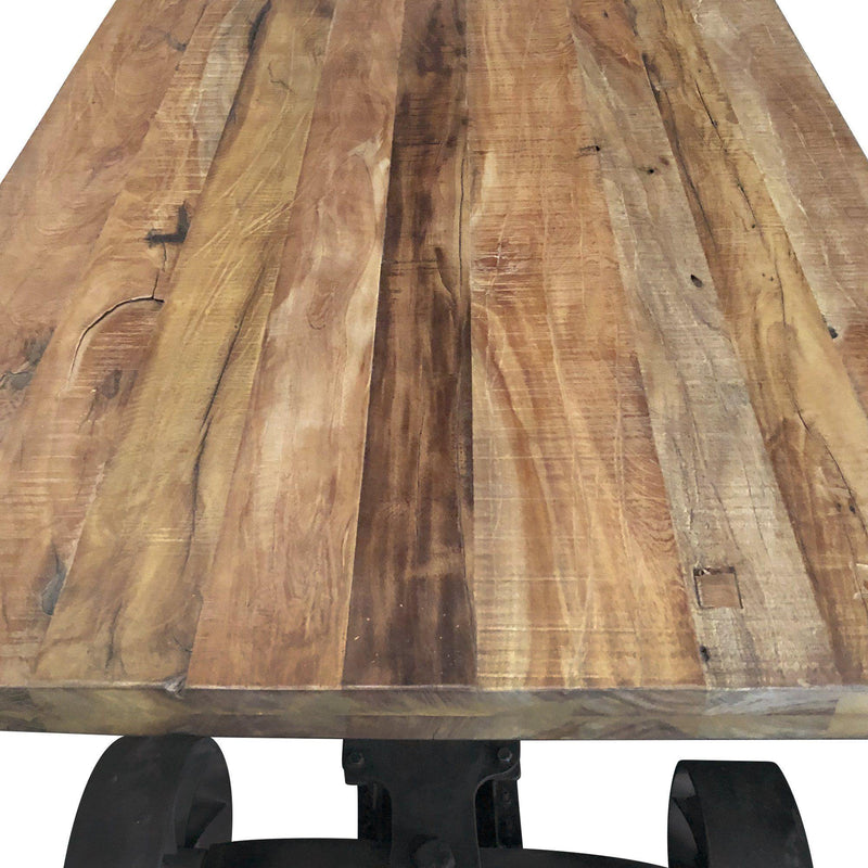 Industrial Trolley Dining Table - Iron Wheels Adjustable Crank - Natural Rustic - Knox Deco - Tables