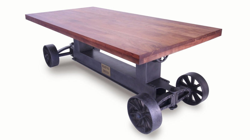 Industrial Trolley Dining Table - Iron Wheels - Adjustable Crank - Provincial Top - Knox Deco - Tables