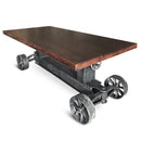Industrial Trolley Dining Table - Iron Wheels Adjustable Height - Mahogany Top - Knox Deco - Tables