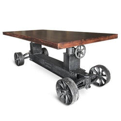 Industrial Trolley Dining Table - Iron Wheels Adjustable Height - Walnut - Knox Deco - Tables