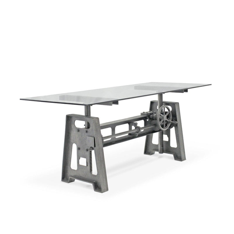 Industrial Writing Table Desk - Adjustable Height Iron Base - Glass Top - Knox Deco - Desks